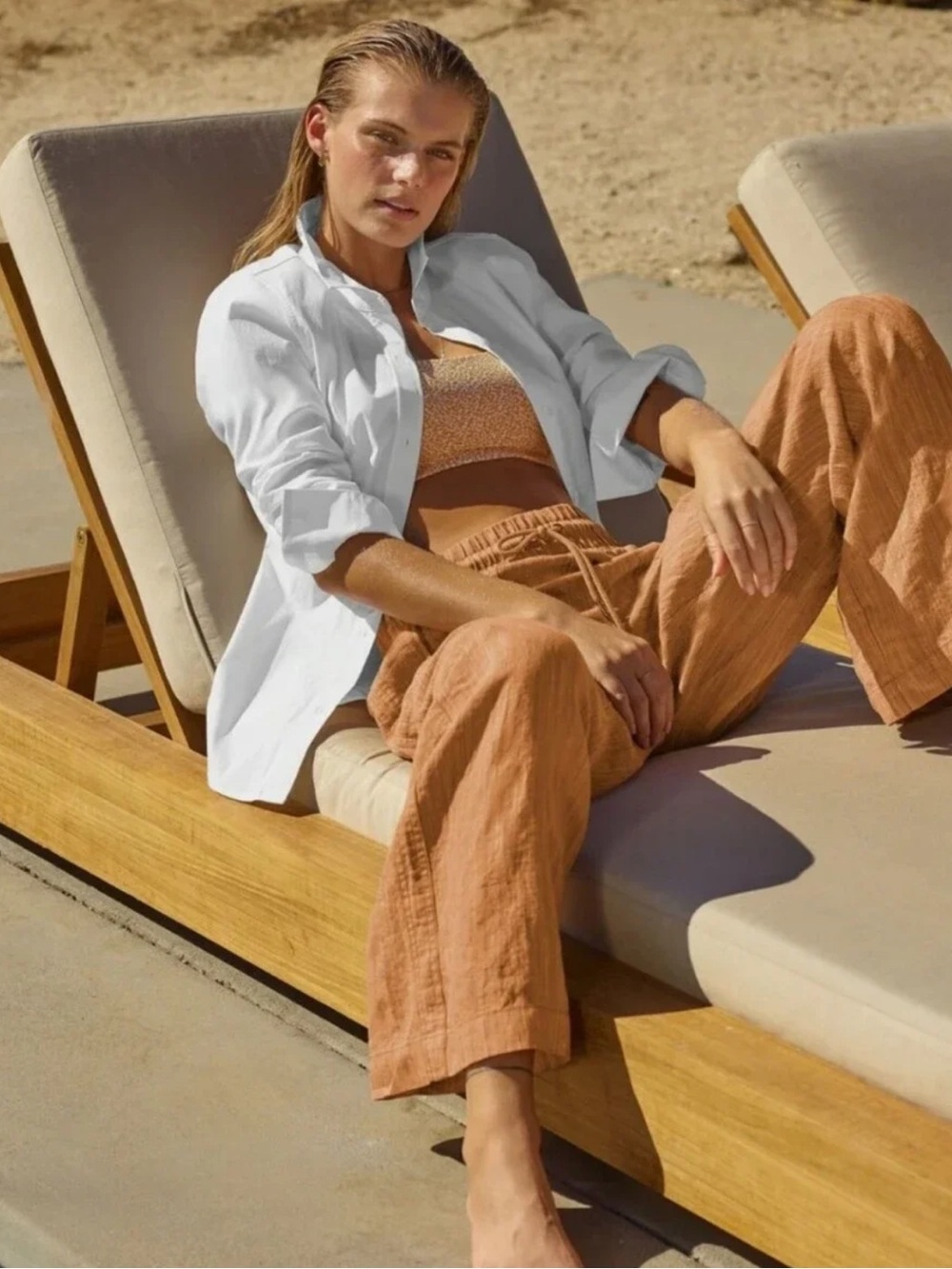 Athleta Cabo Linen Textured Wide Leg Pants size 4 Tan Brown Pull On Beach Travel - Picture 6 of 12